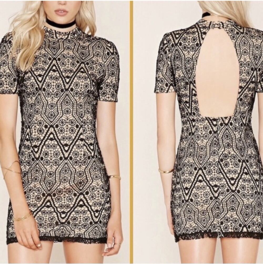 Forever 21 Black Nude Lace Dress Bodycon Whimsigoth Open Back Party Cocktail NWT